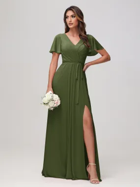 Flatterrmel Rüschen Chiffon Kleid mit Gürtel Olivgrün
